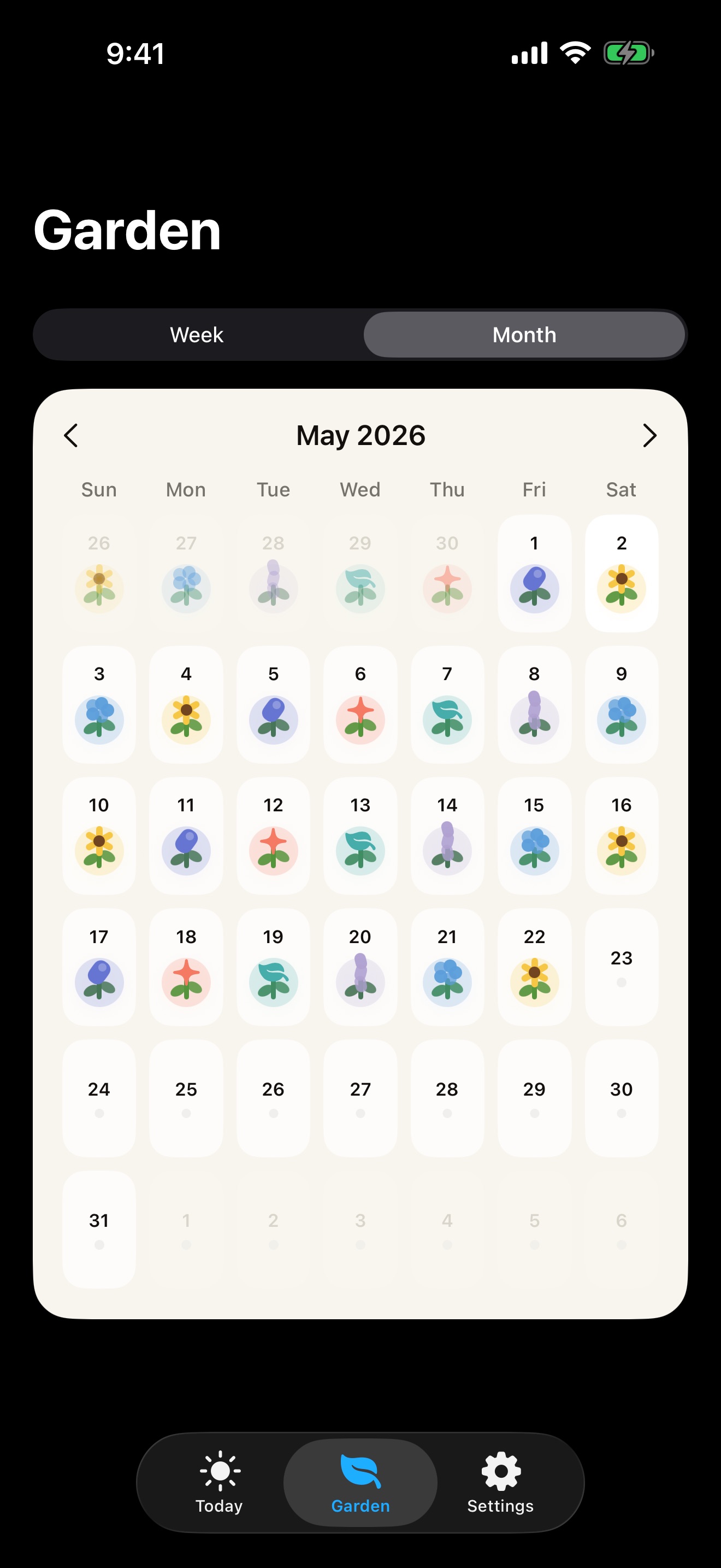 Tiny Mood Garden month view showing a calendar of planted moods.