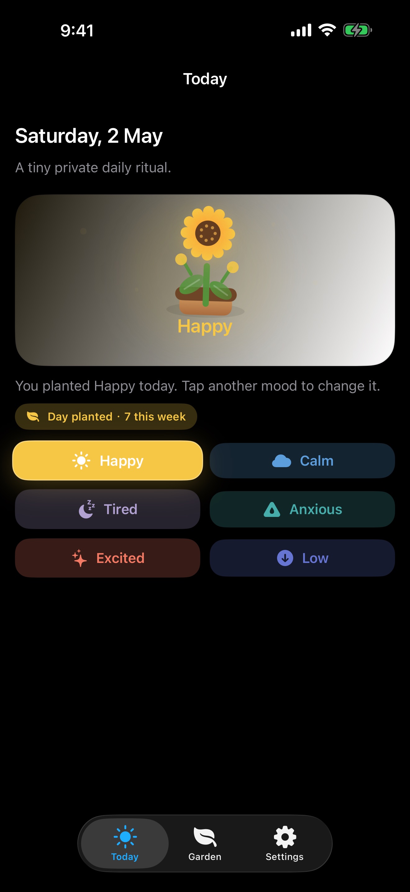 Tiny Mood Garden Today screen showing a planted Happy mood.